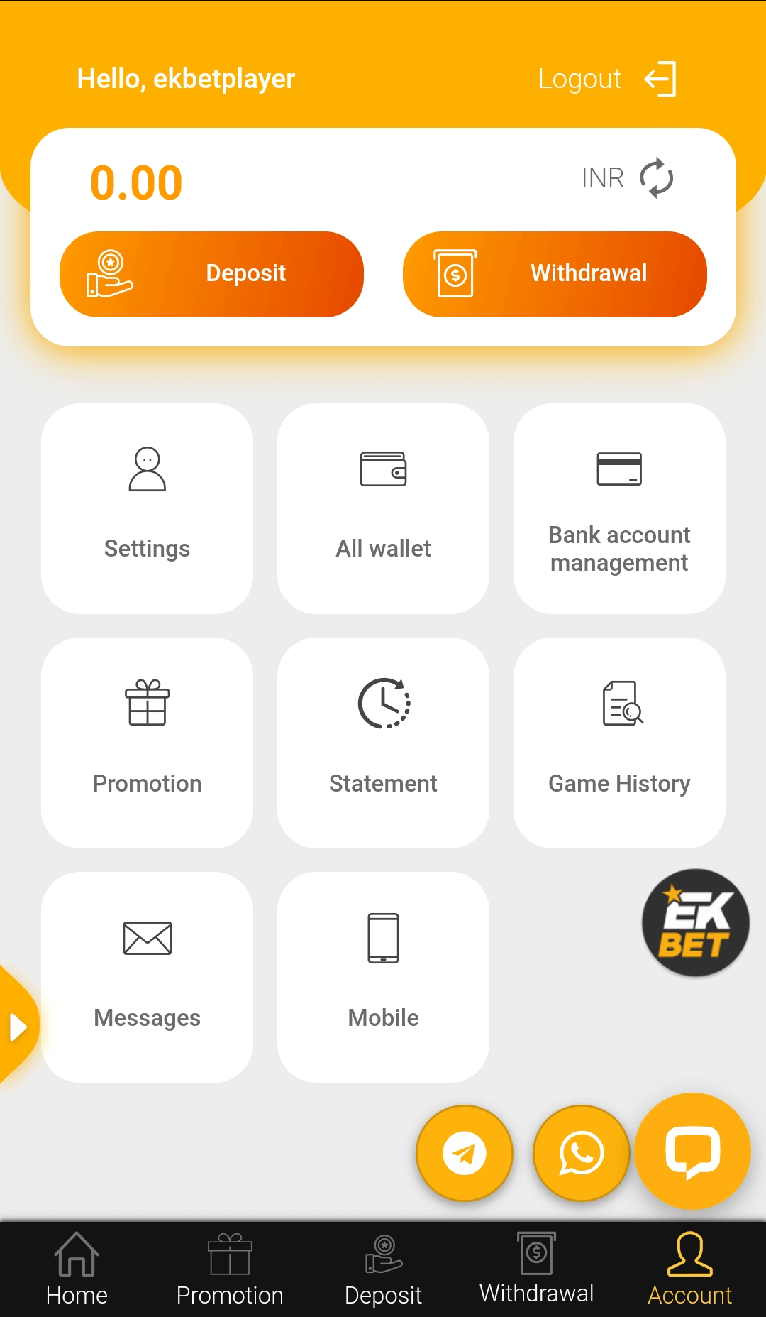 Ekbet client profile tab in the mobile app