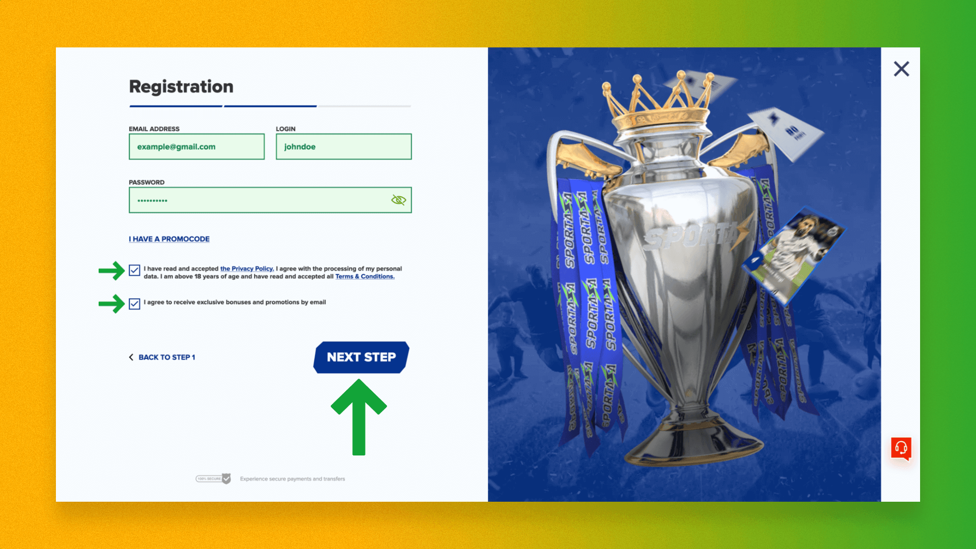 New user registration form on the Sportaza website