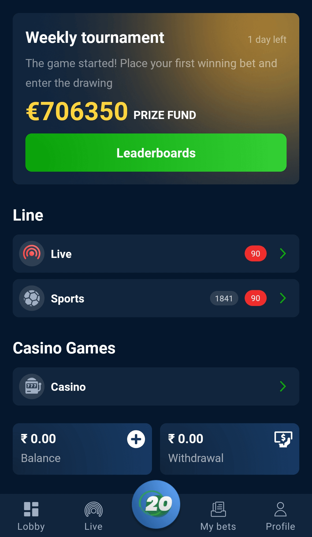 Features section in 20Bet mobile app