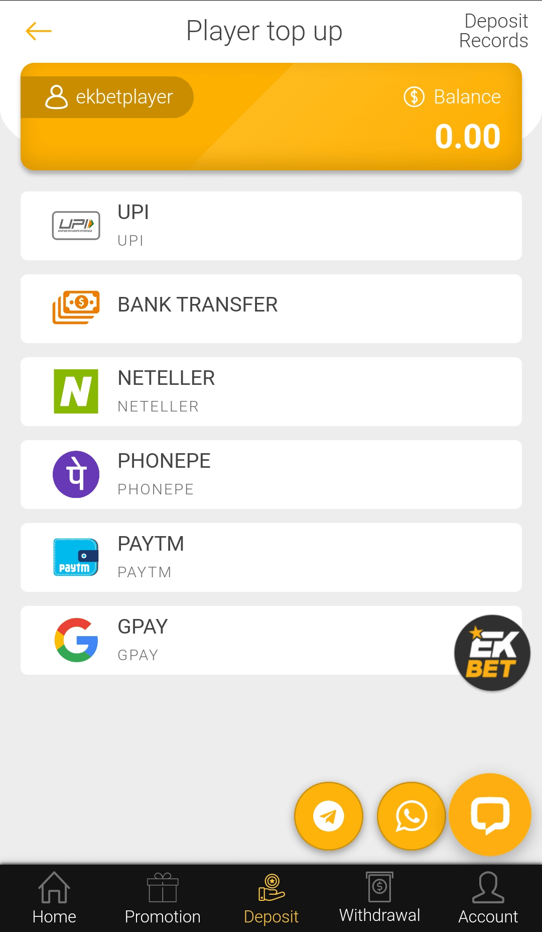 List of available payment methods in Ekbet app