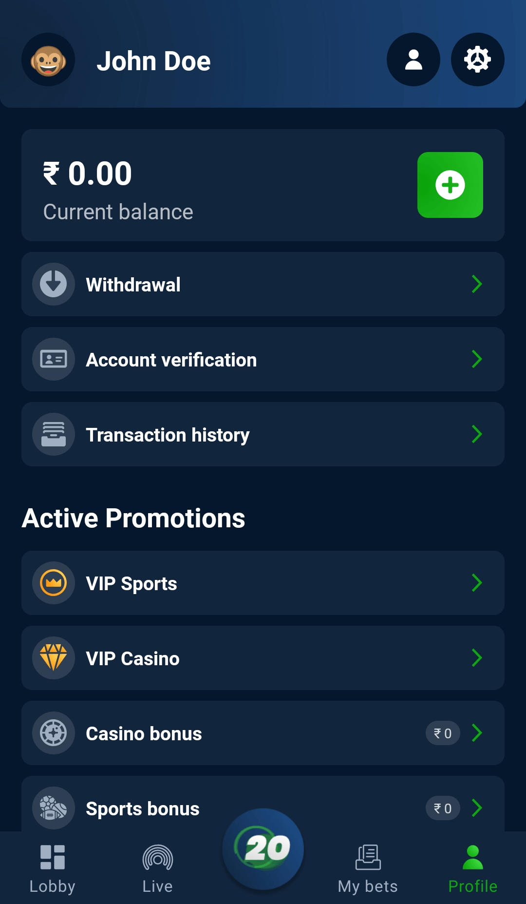 Client profile in the 20Bet mobile app