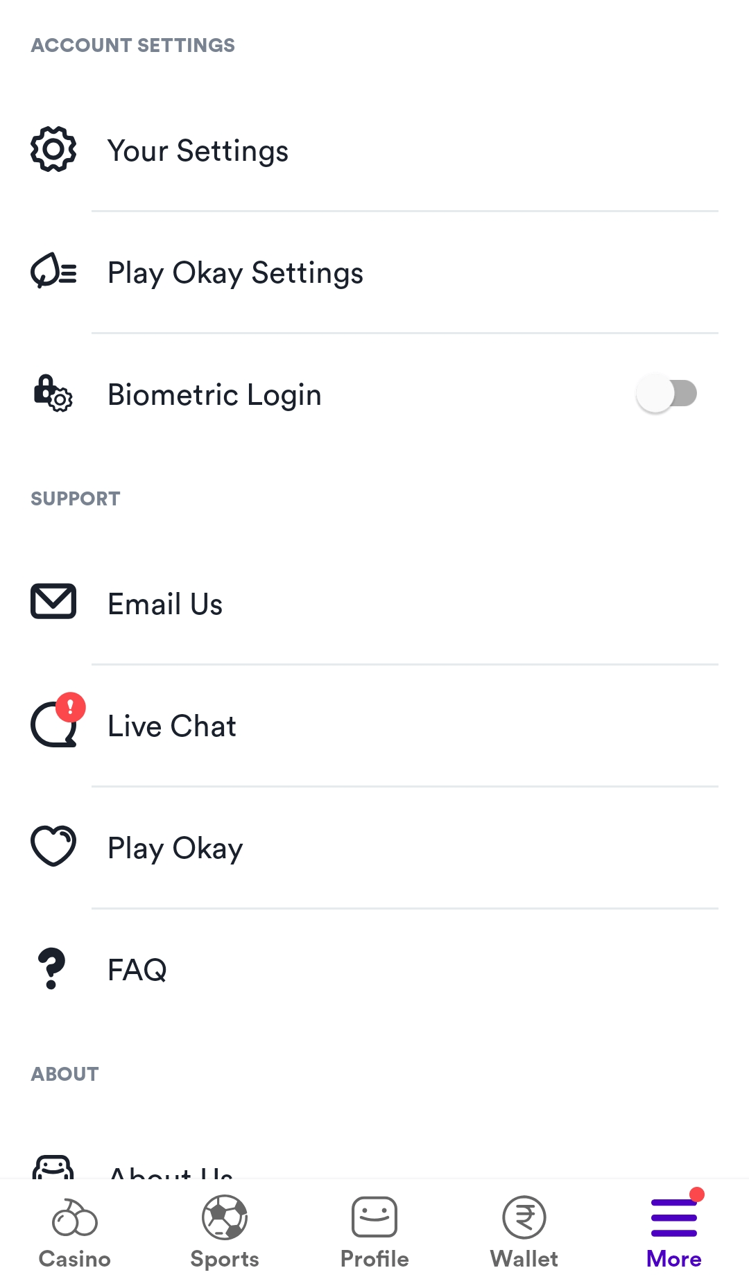 Account settings tab in Casumo mobile app