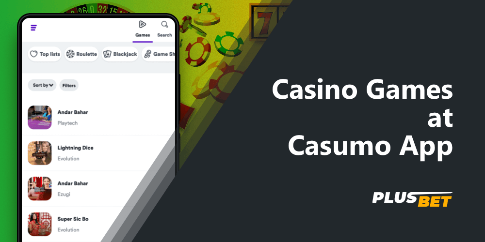 Online casino tab in Casumo mobile app