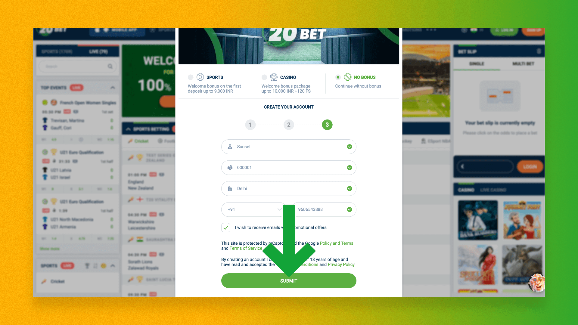 Completing a new user registration on the official website of 20Bet