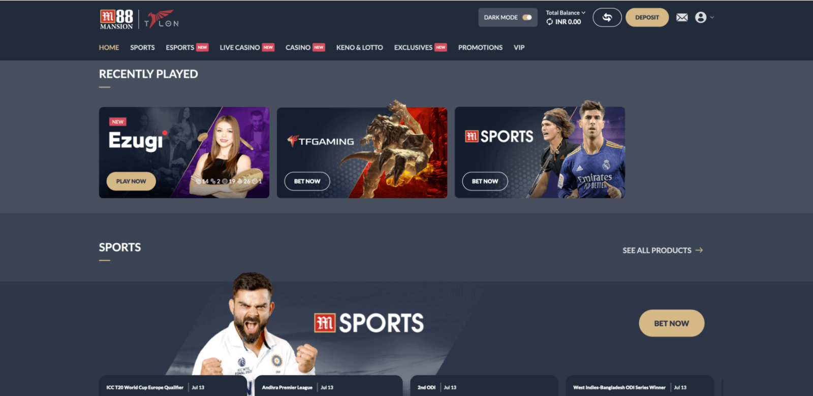 Home page of the official website of the M88 betting company