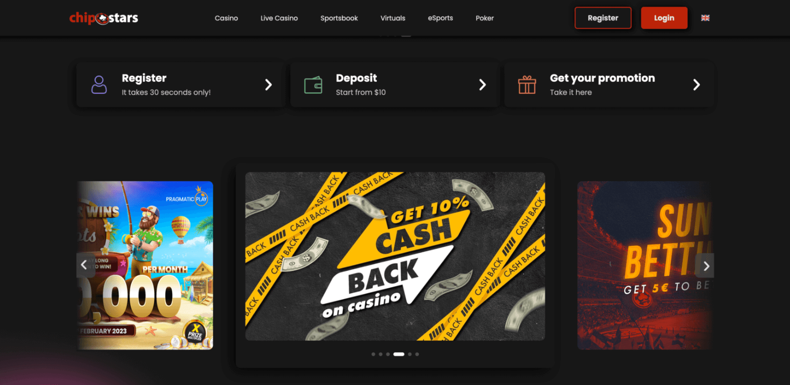Home page of Chipstars betting company