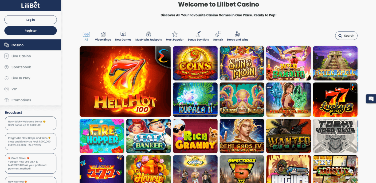 A separate page with the online casino Lilibet