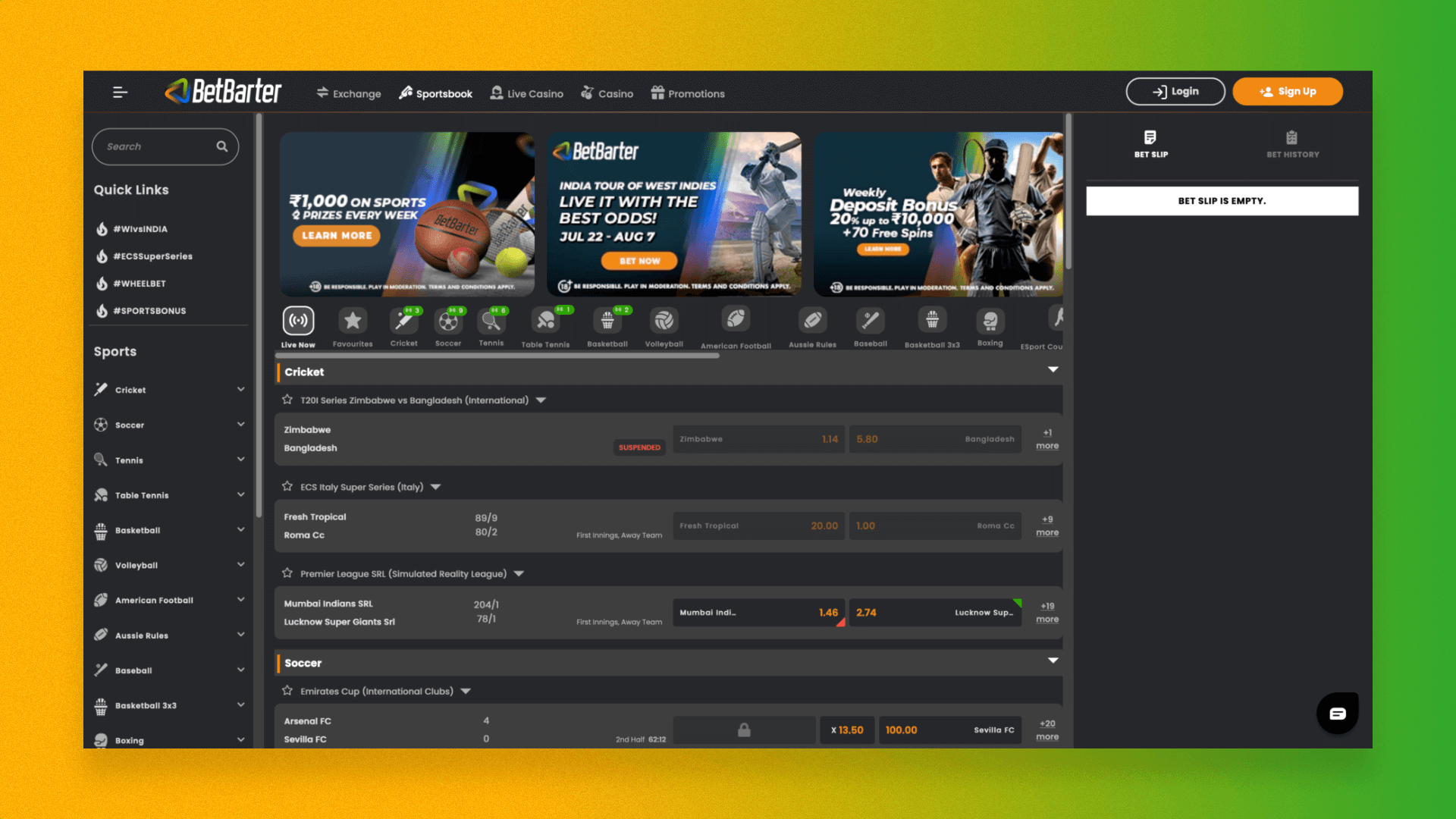 Sports betting page on Betbarter