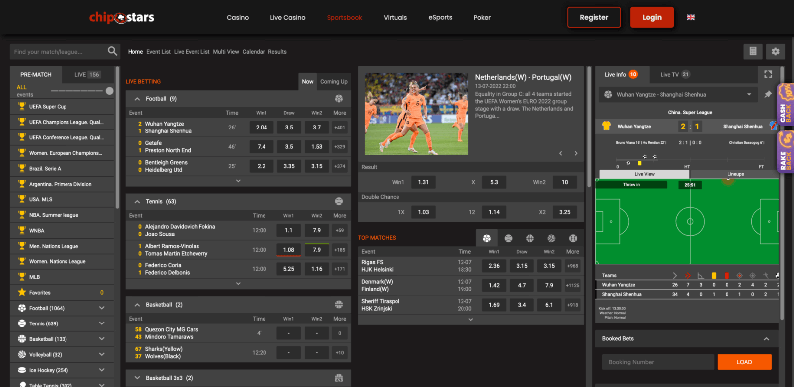 Sports betting section at the Chipstars website