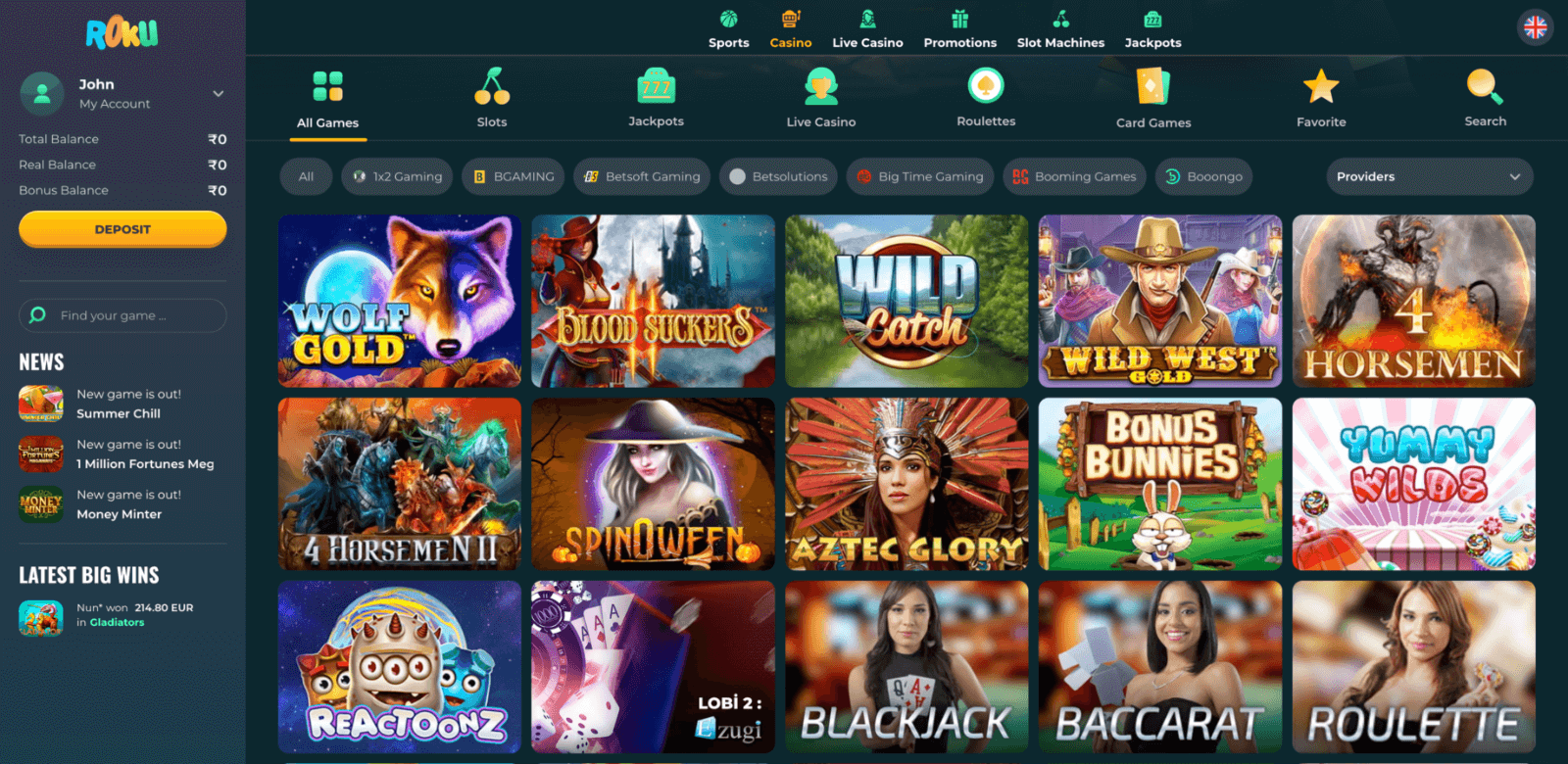 Online casino section on the Rokubet website