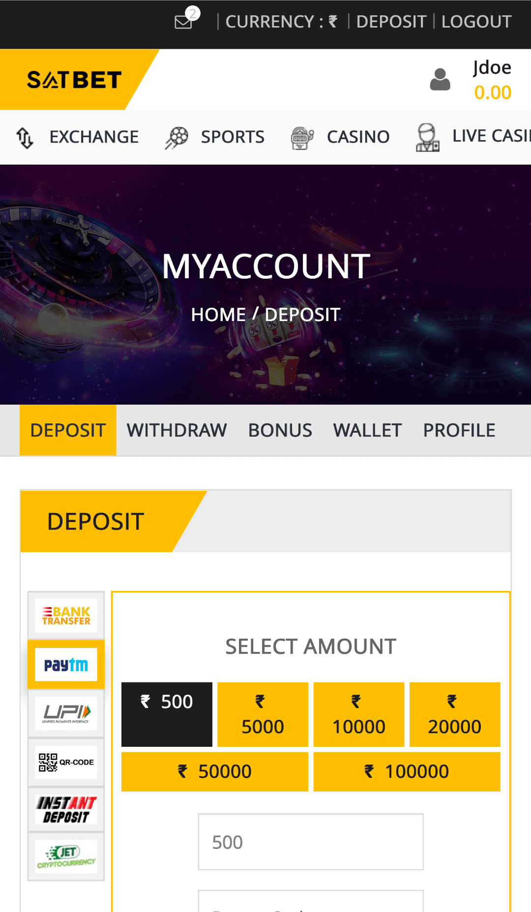 Deposit tab in the Satbet app