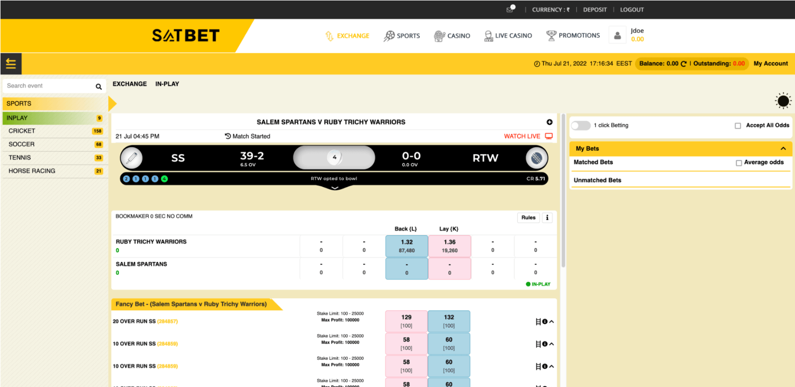 Sports betting exchange section at the Satbet