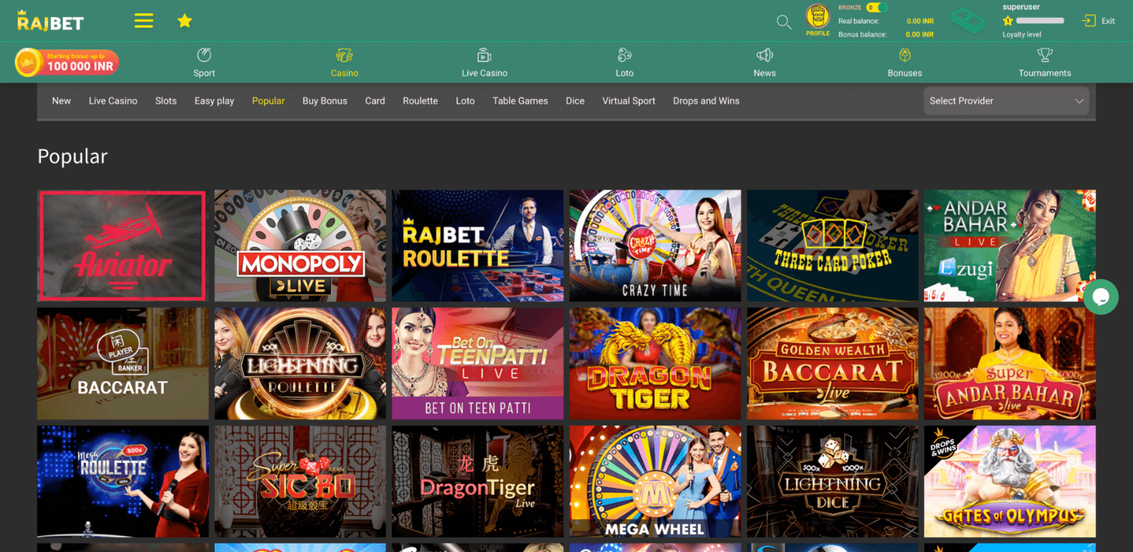 Rajbet India casino tab
