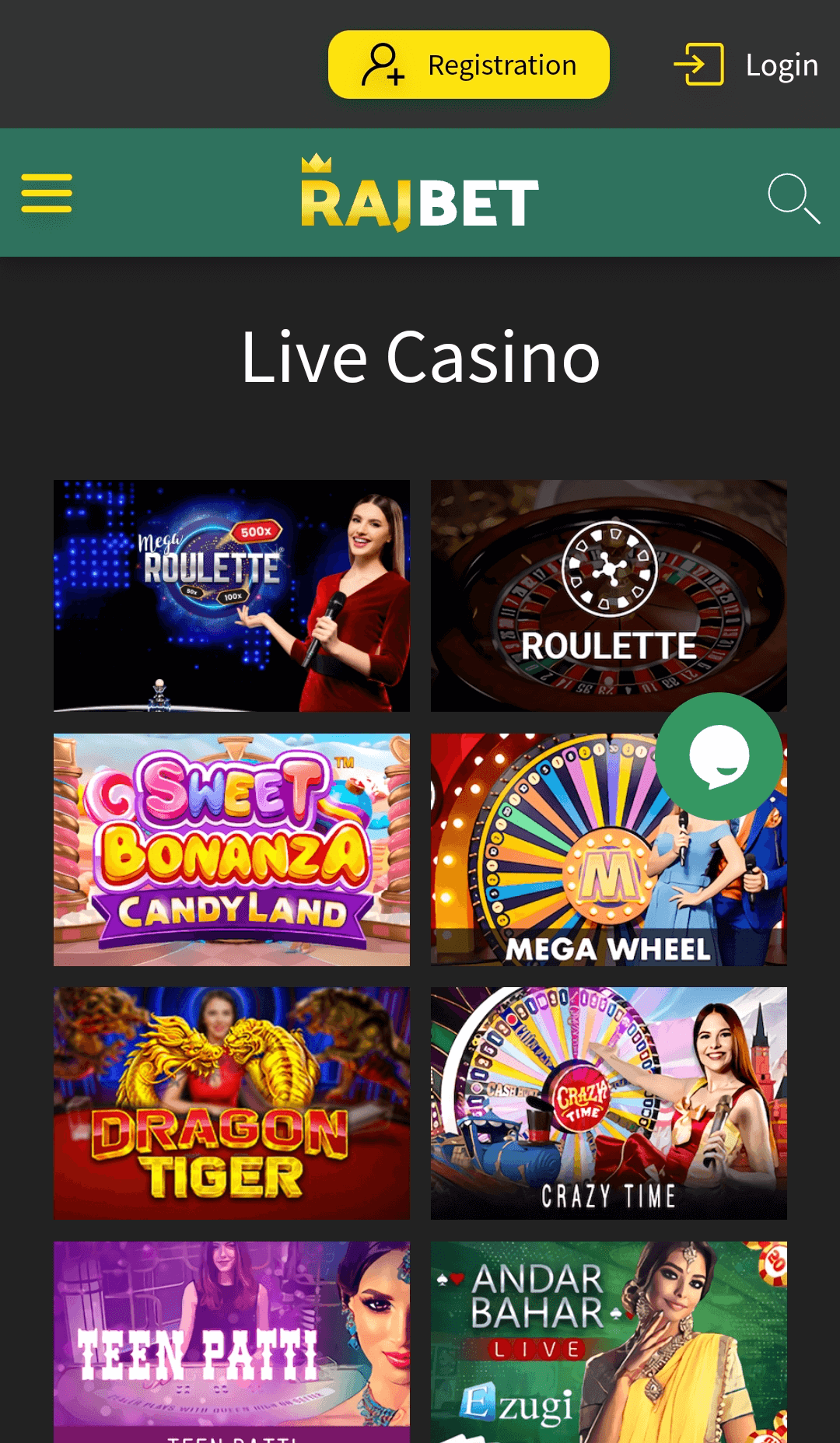 Live casino section at Rajbet app