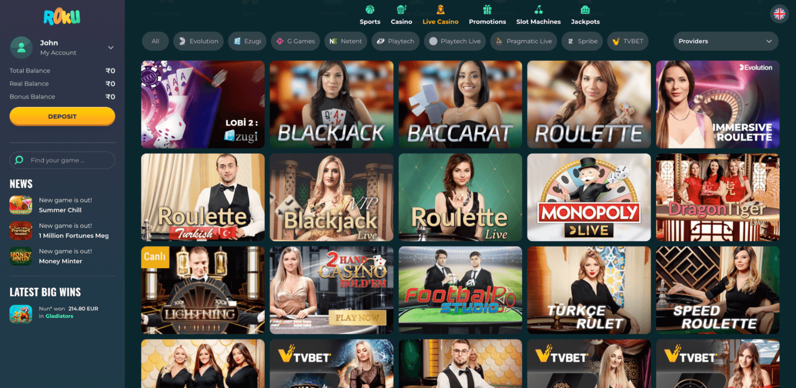 Live casino section on the Rokubet site