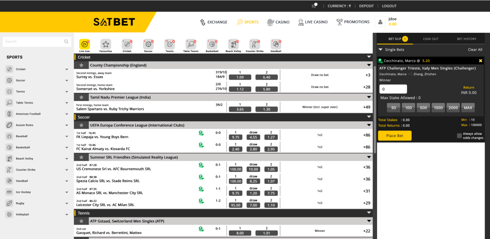 Sports betting page at the Satbet website