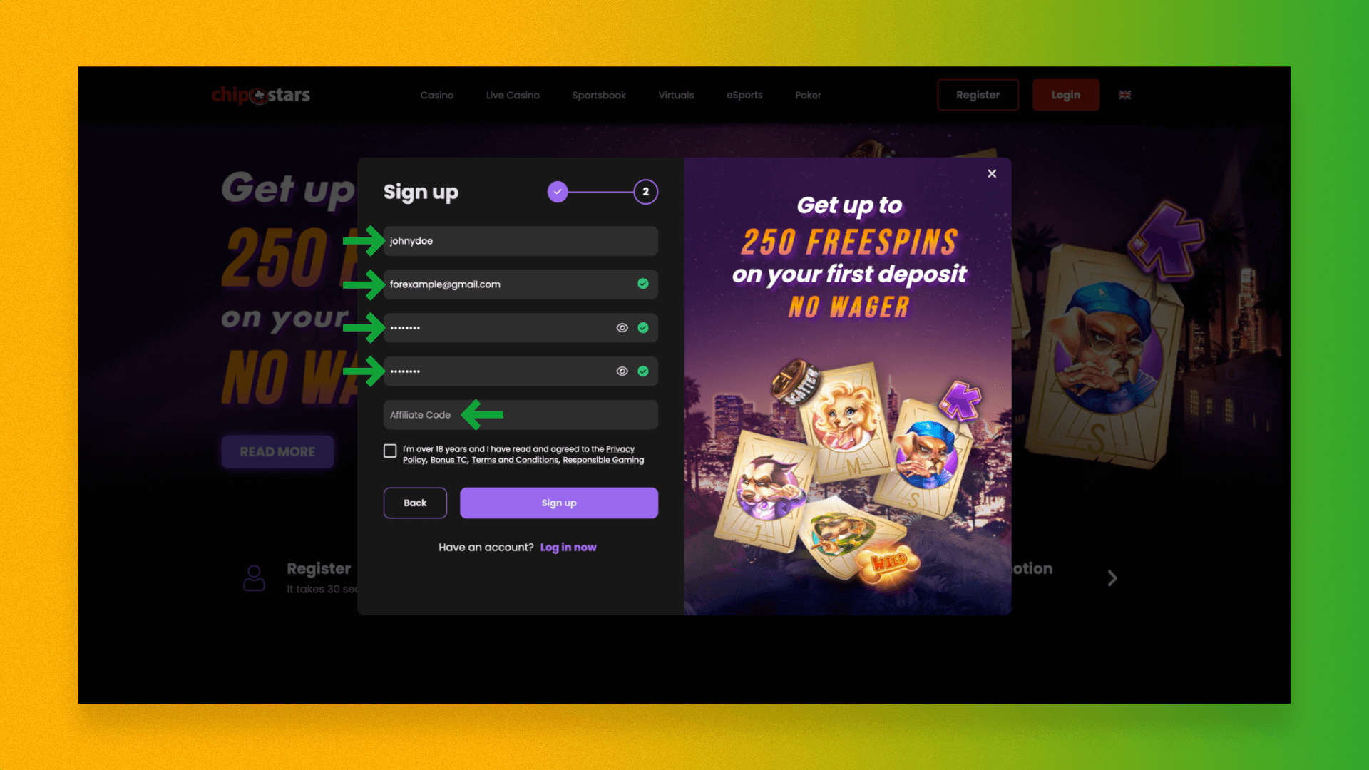 The second step of registration on the Chipstars website