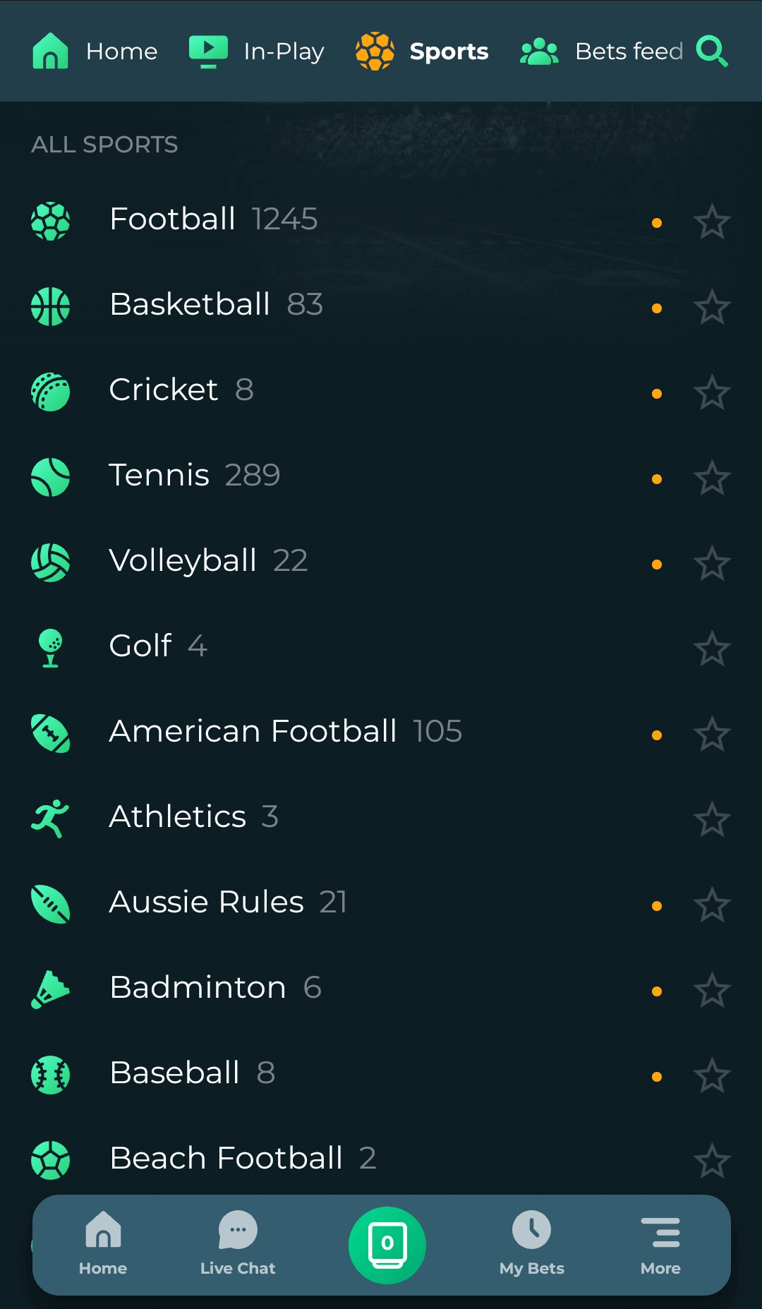 The list of available sports on which you can bet in the app Rokubet