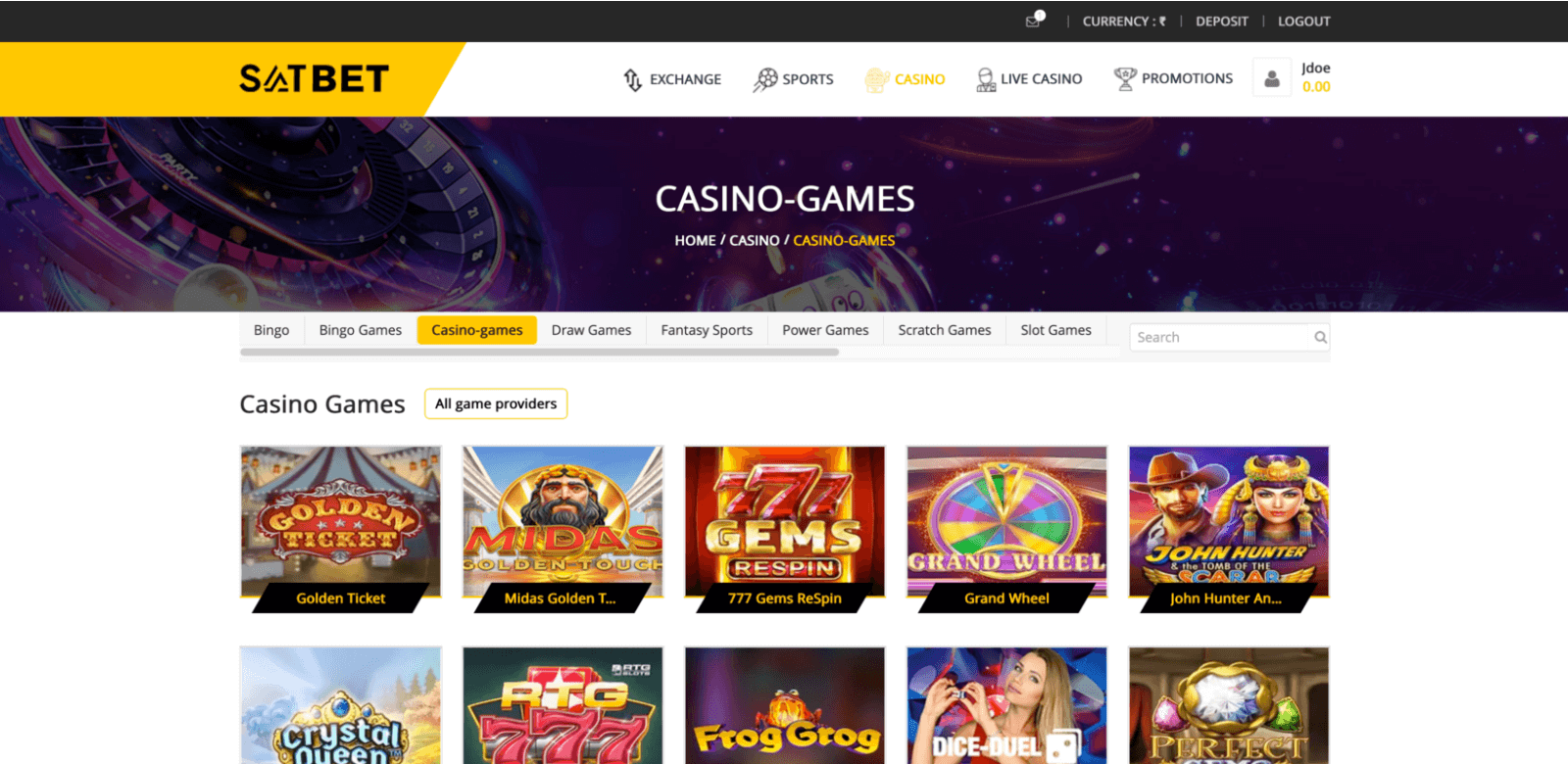 Online casino page at the Satbet site