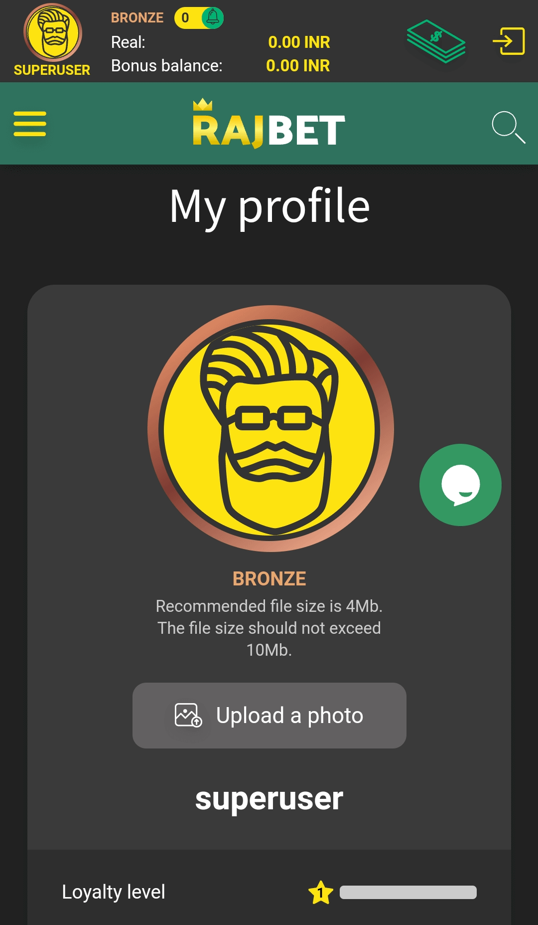 Profile tab in the Rajbet app