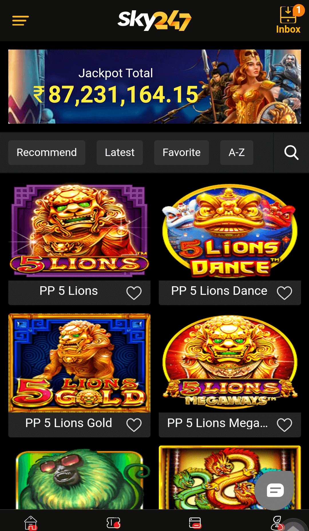 Slots section in the Sky247 app