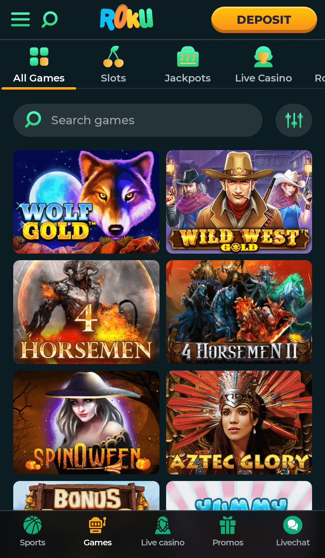 Casino section in the Rokubet mobile app