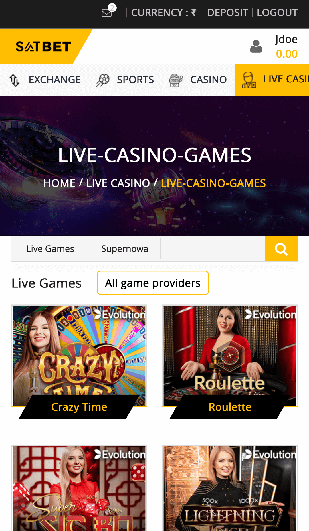 Live casino tab in the Satbet mobile application