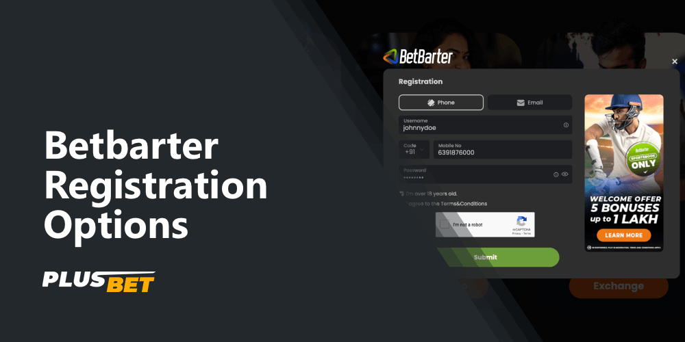 Registration form on the Betbarter website