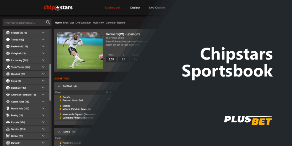 Sports betting page on the Chipstars website