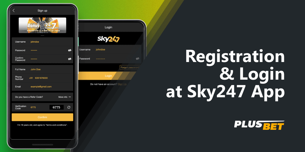 Registration and authorization forms in the Sky247 app
