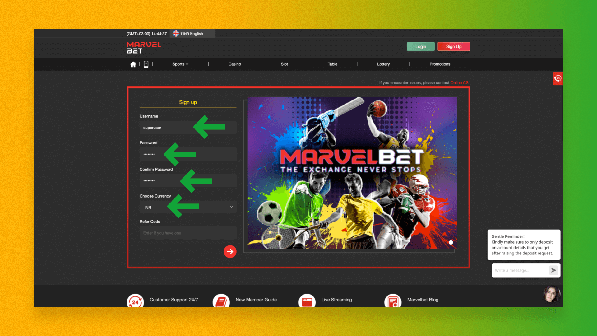 To create a Marvelbet account you need to register