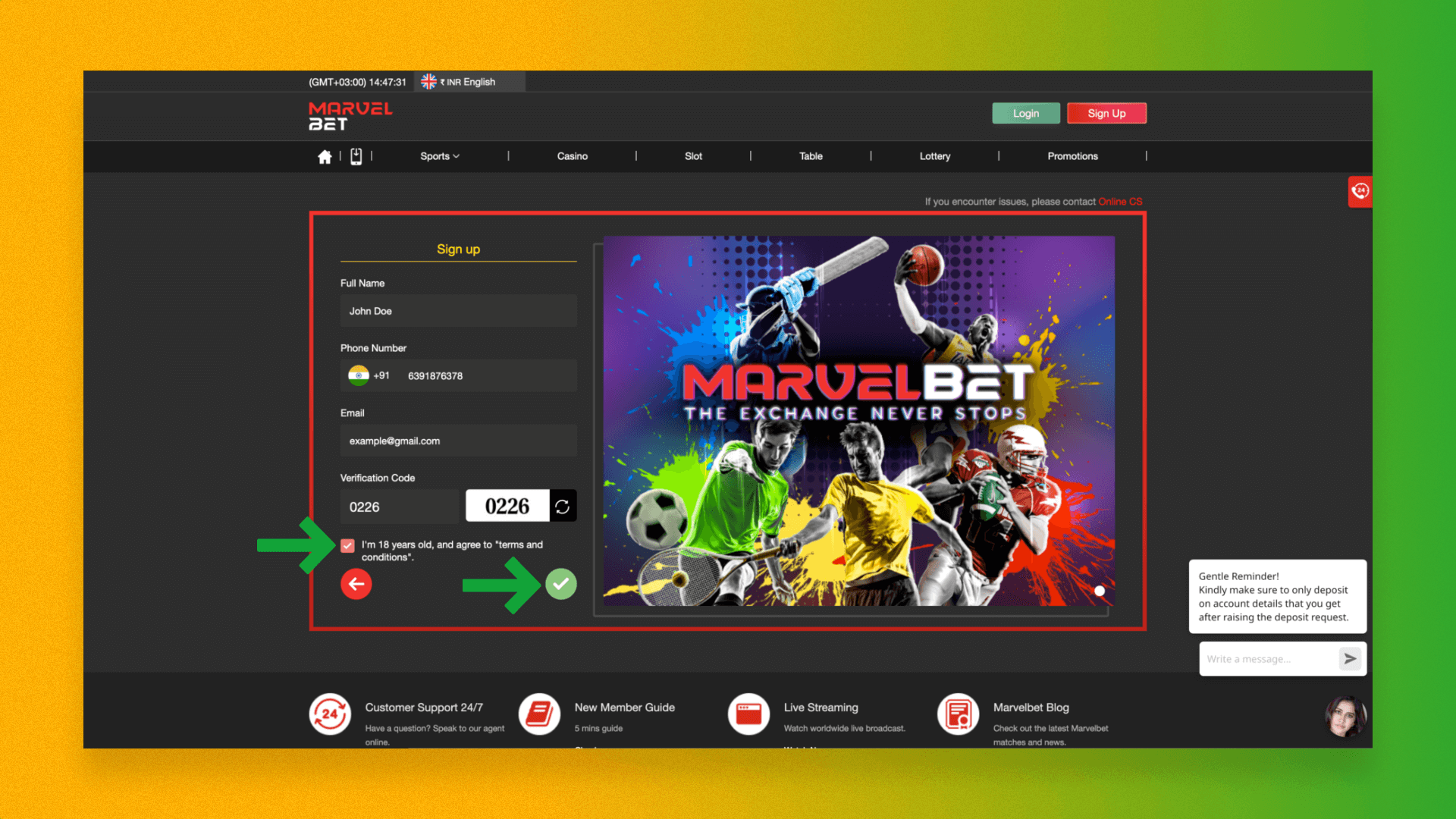 The registration process for a new Marvelbet client from India