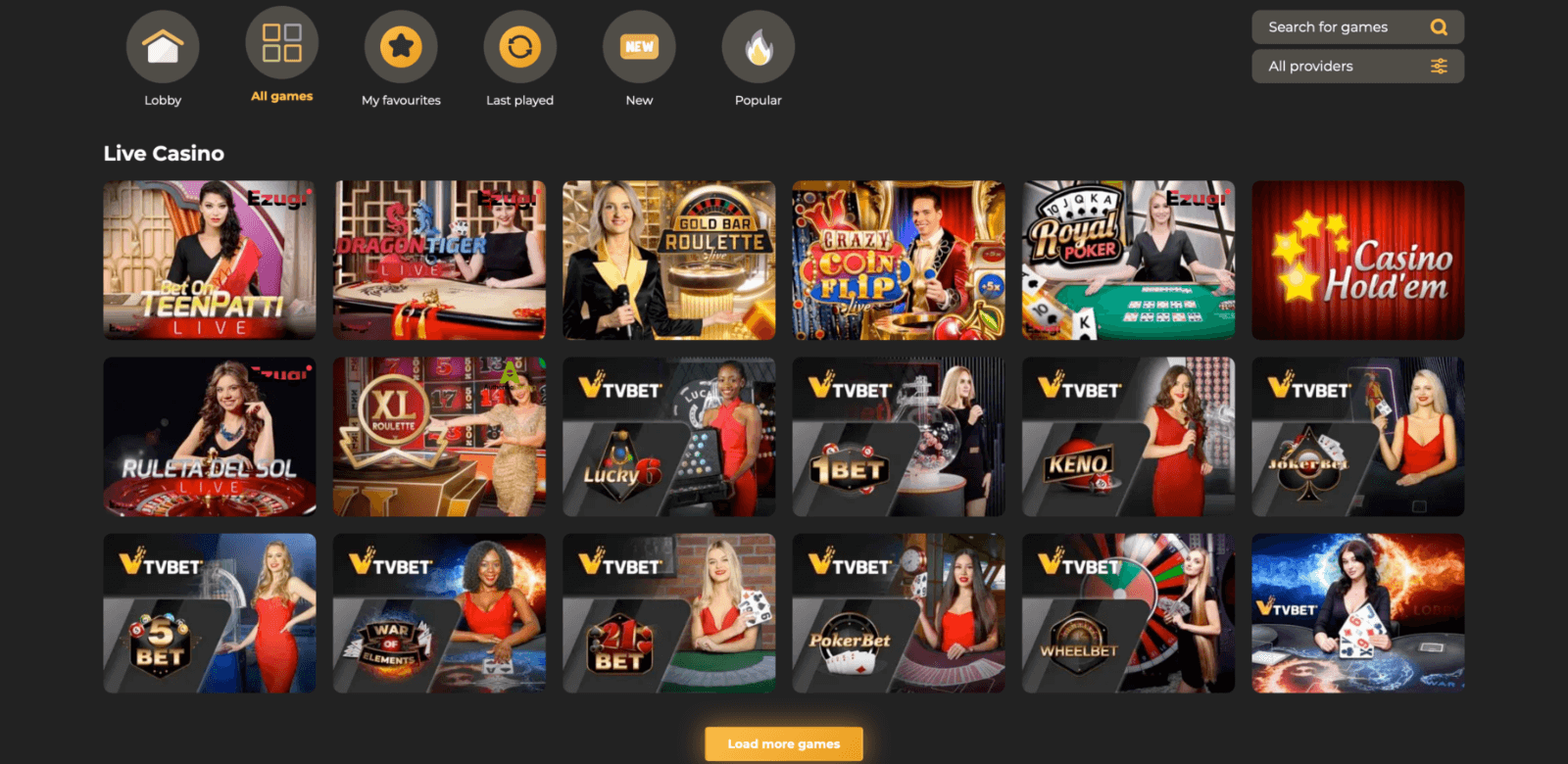 Live casino page on the official website of Biamobet