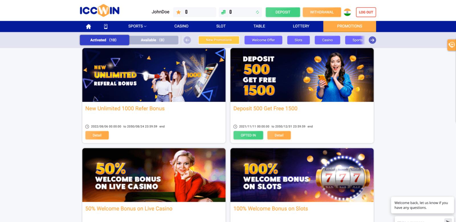 Screenshot of ICCWIN's current promotions for players from India