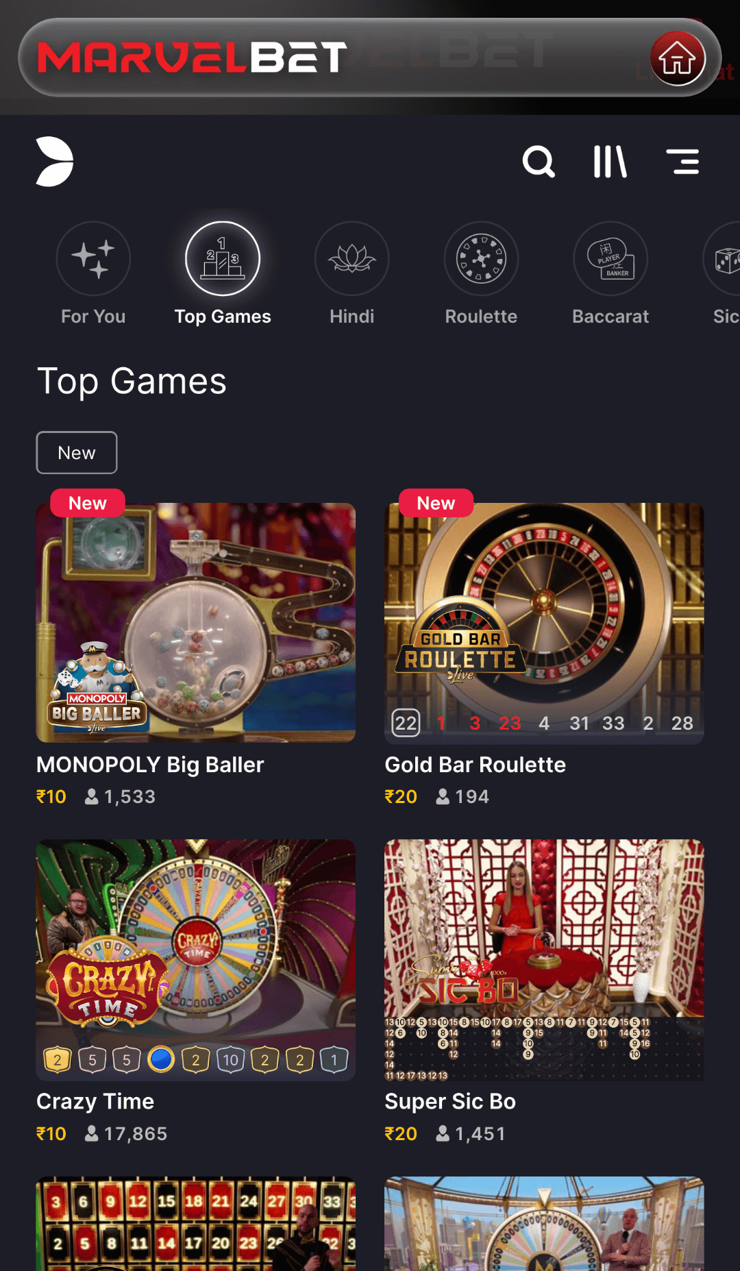 Live casino section in the Marvelbet app
