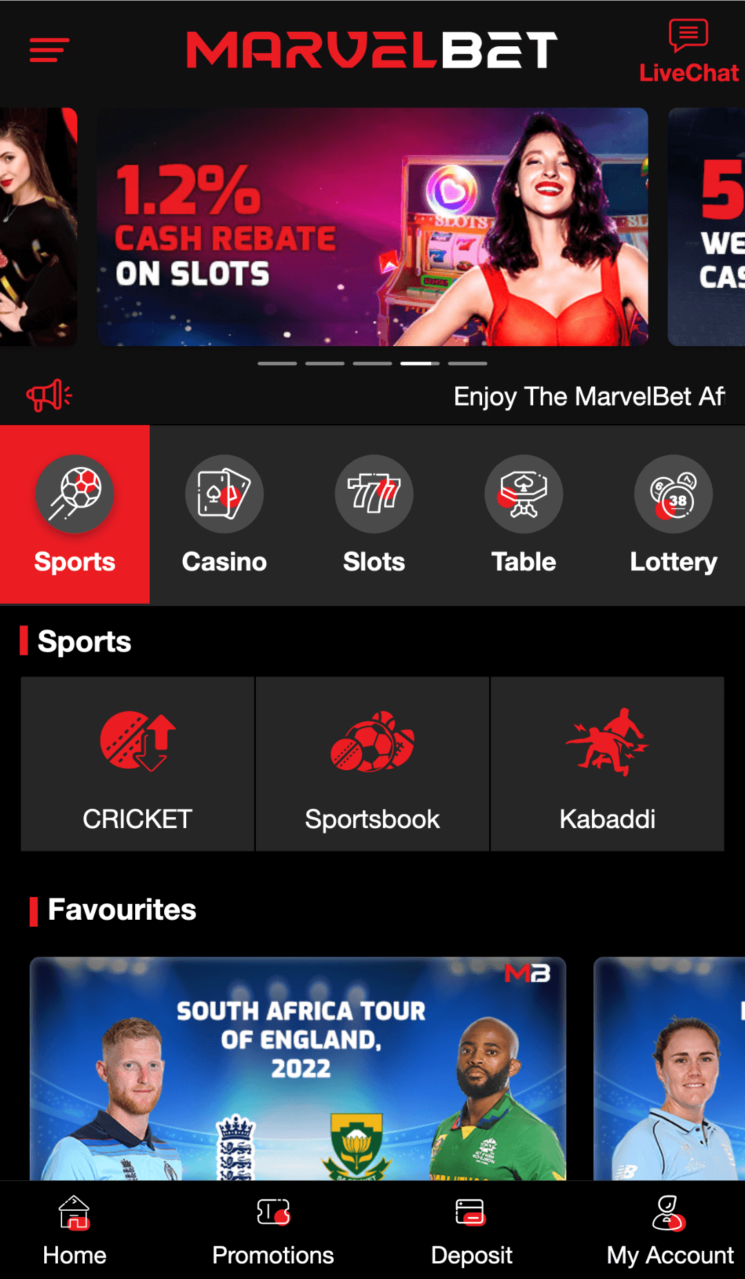 Home section in the Marvelbet mobile application