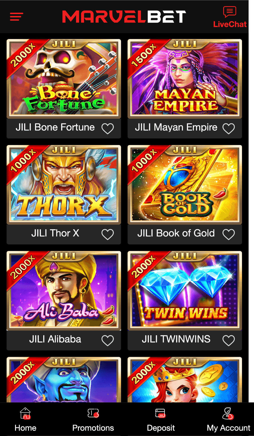 Slots section at Marvelbet mobile application