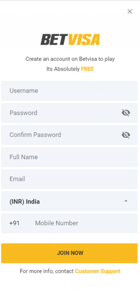 Registration form in Betvisa app