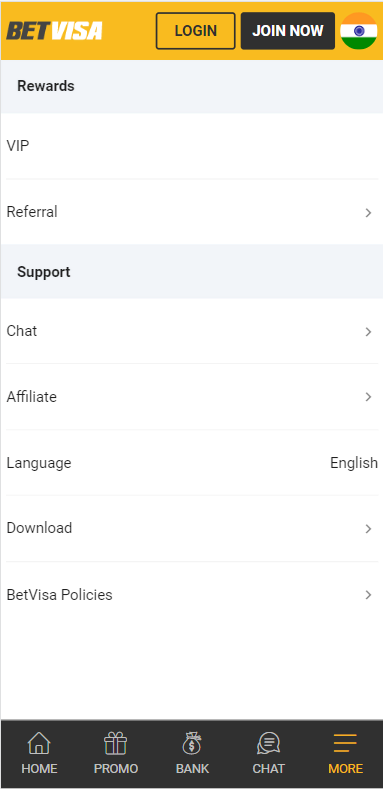 Support section in Betvisa app