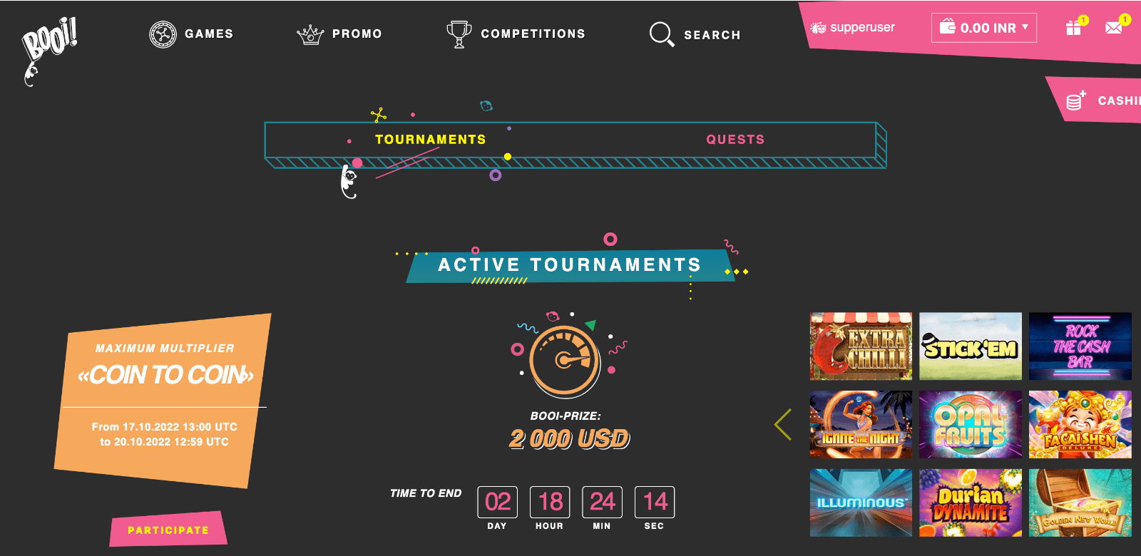 Page with current tournaments at Booi website