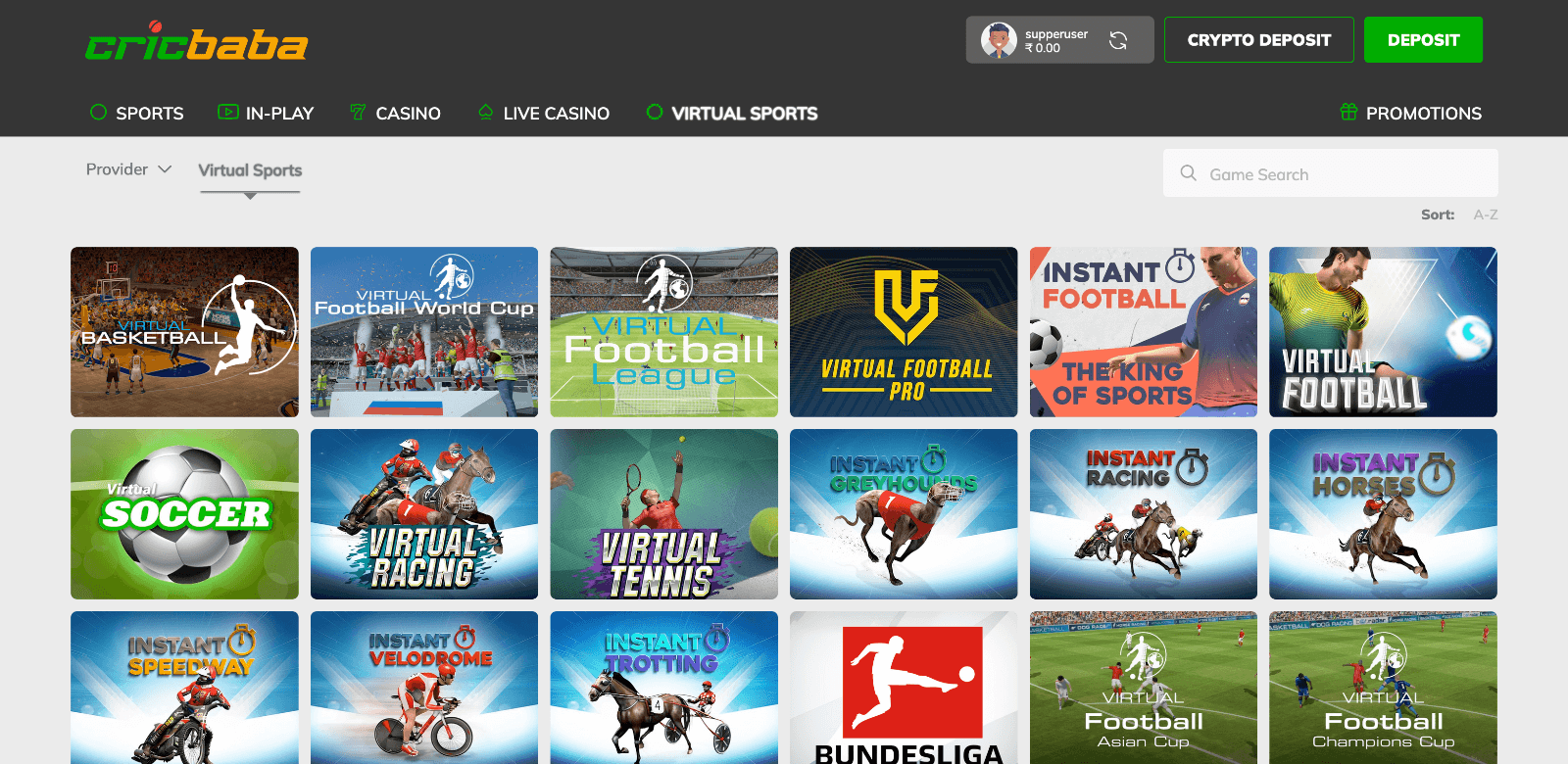 Virtual sports betting section at Cricbaba website