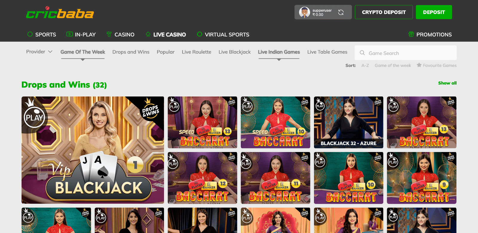 Live casino section at Cricbaba with live dealers