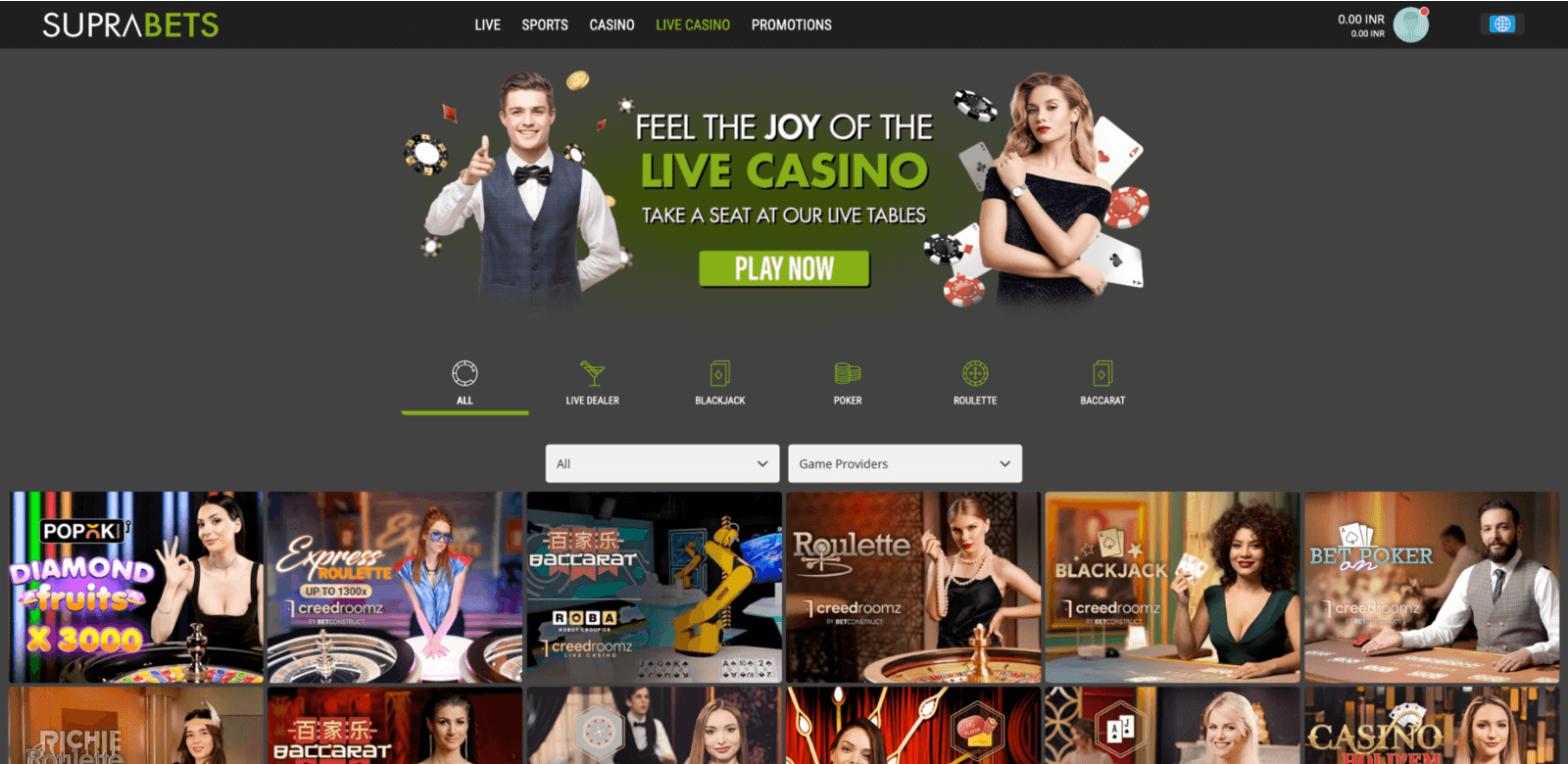 Live casino section at Suprabets website