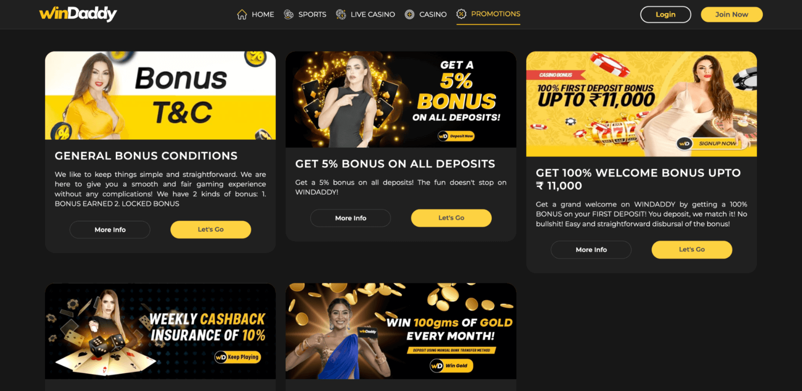 Page with current promotions and bonus offers from WinDaddy