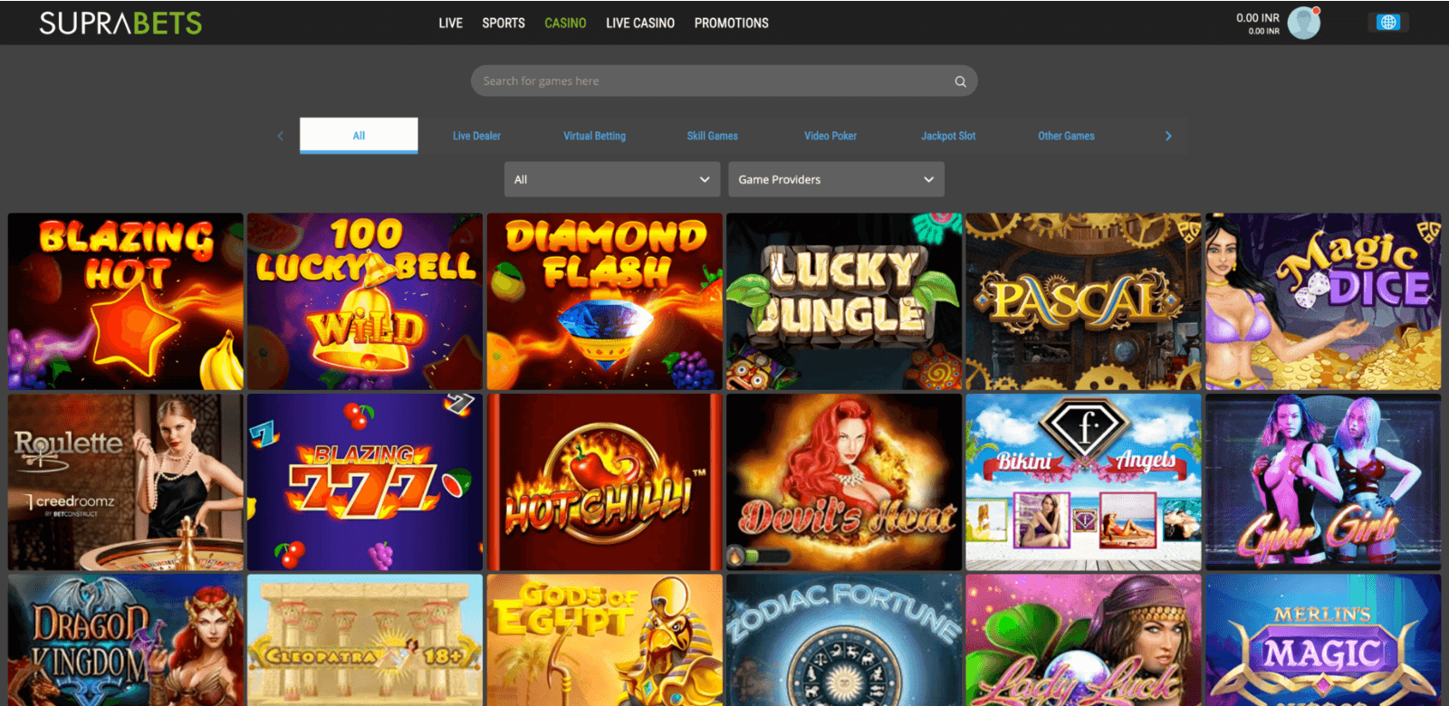 Casino section of Suprabets website in India