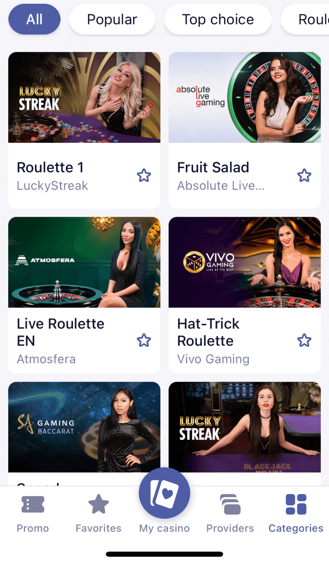 Live casino section in Sapphire Bet mobile application