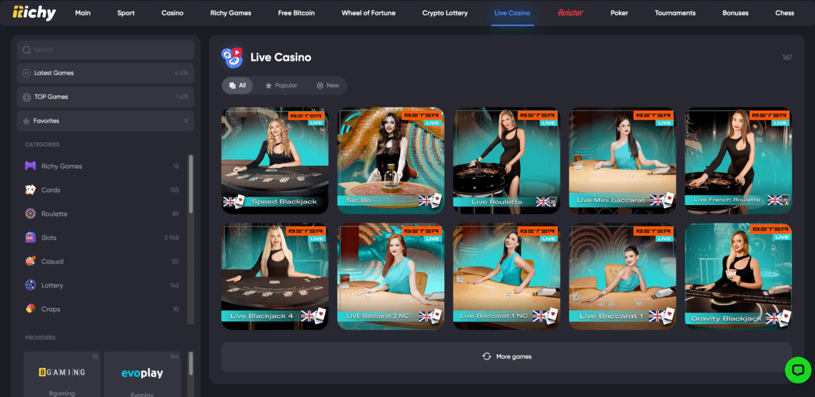 In the Live Casino section of the Richy Casino website you can play a variety of games with live dealers