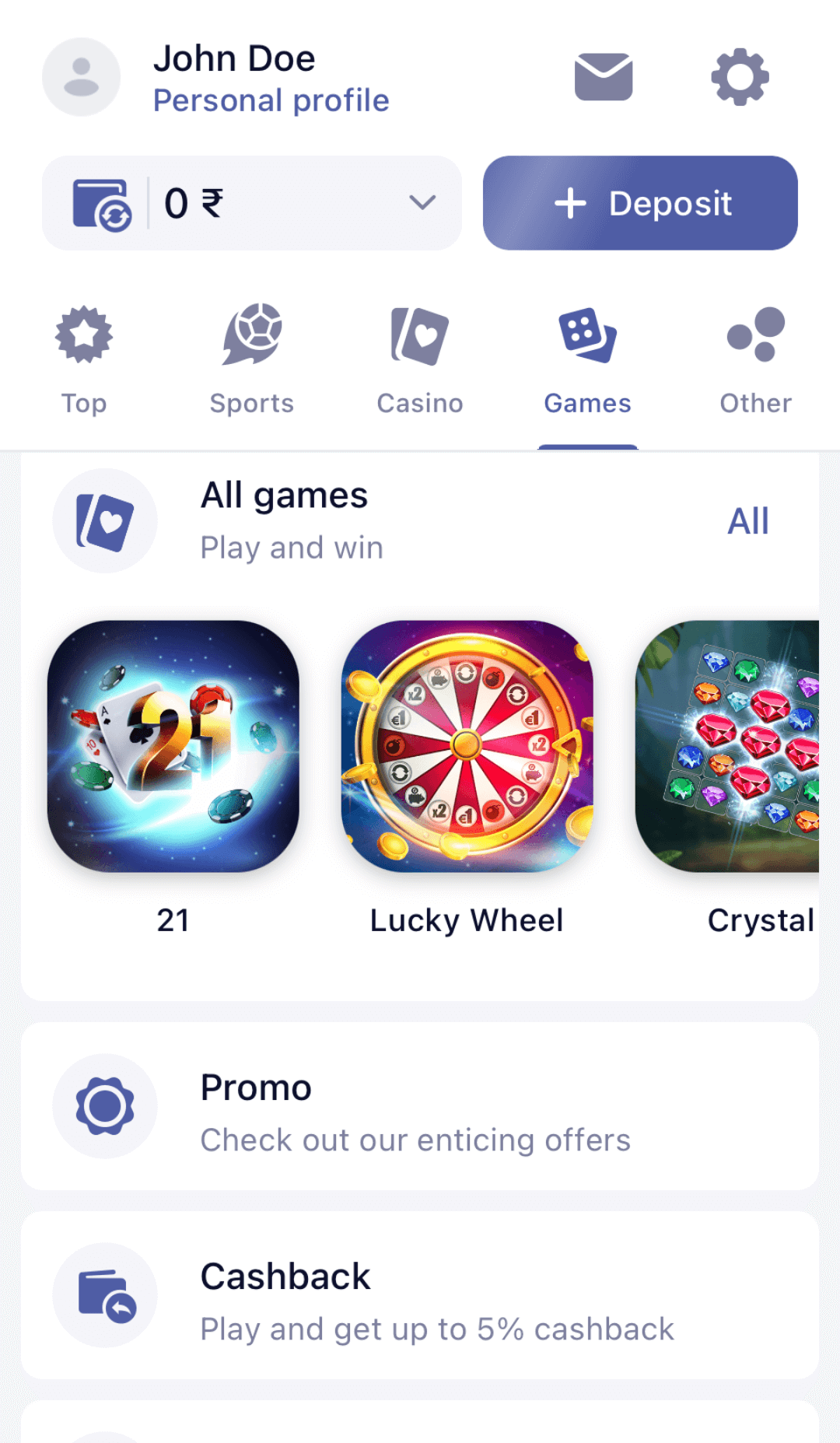Other games section in the SapphireBet app
