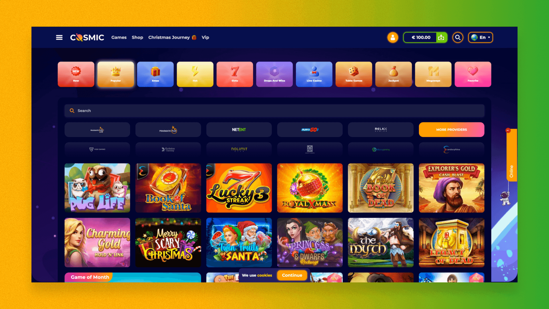 Choose a game from the huge catalog of games at CosmicSlot and start playing and winning
