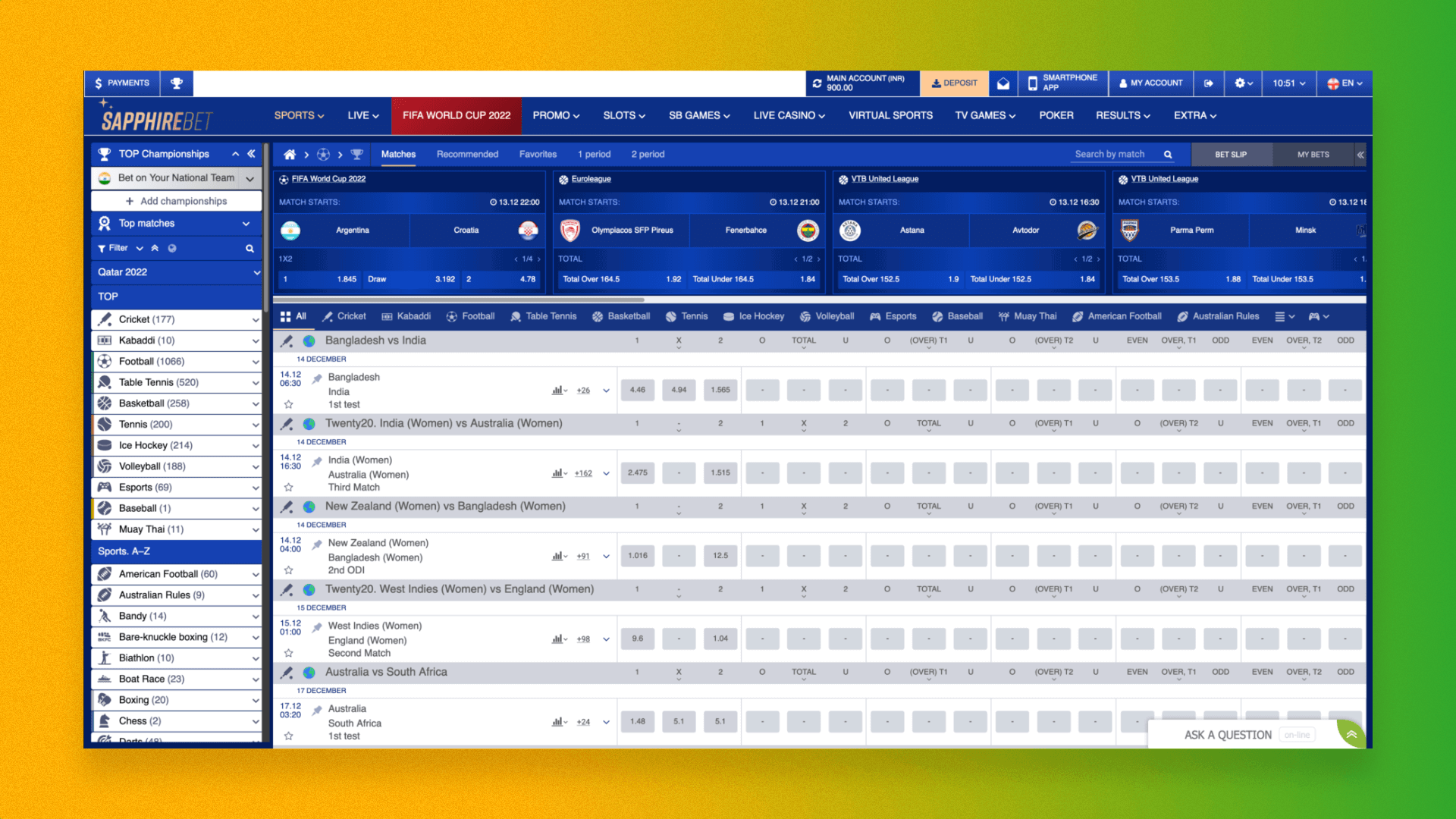 Go to the Sports section of the Sapphirebet website to select the sport you want to bet on